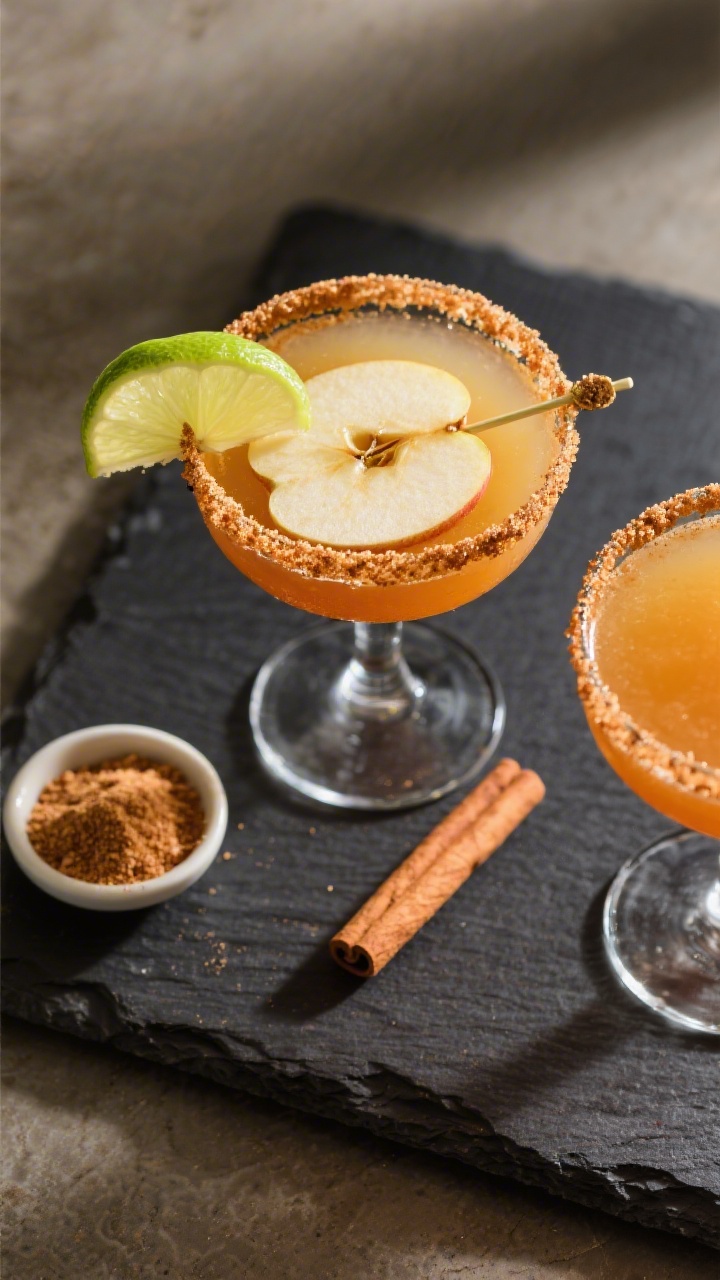 Tasty top view: Overhead shot of the finished Apple Cider Margarita with a precise cinnamon-sugar ri