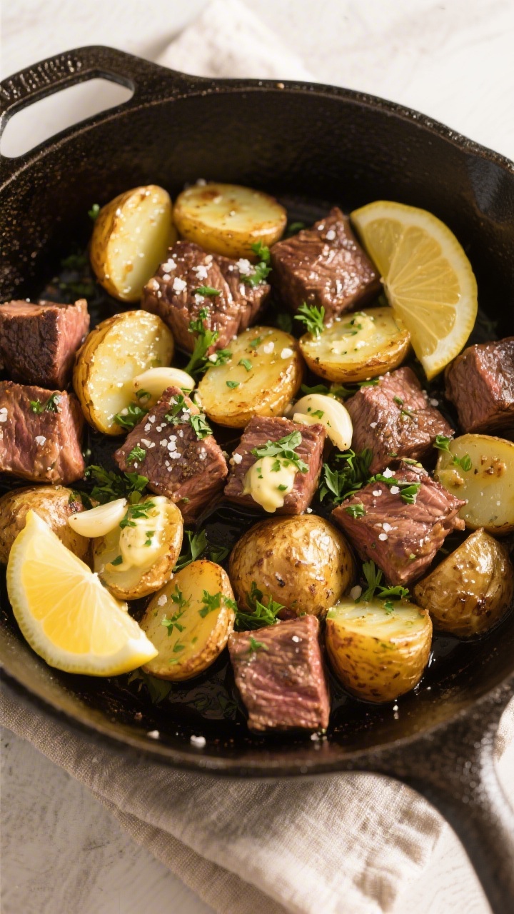 Tasty top view: Overhead shot of the finished Garlic Butter Steak Bites and Potatoes in the skillet,