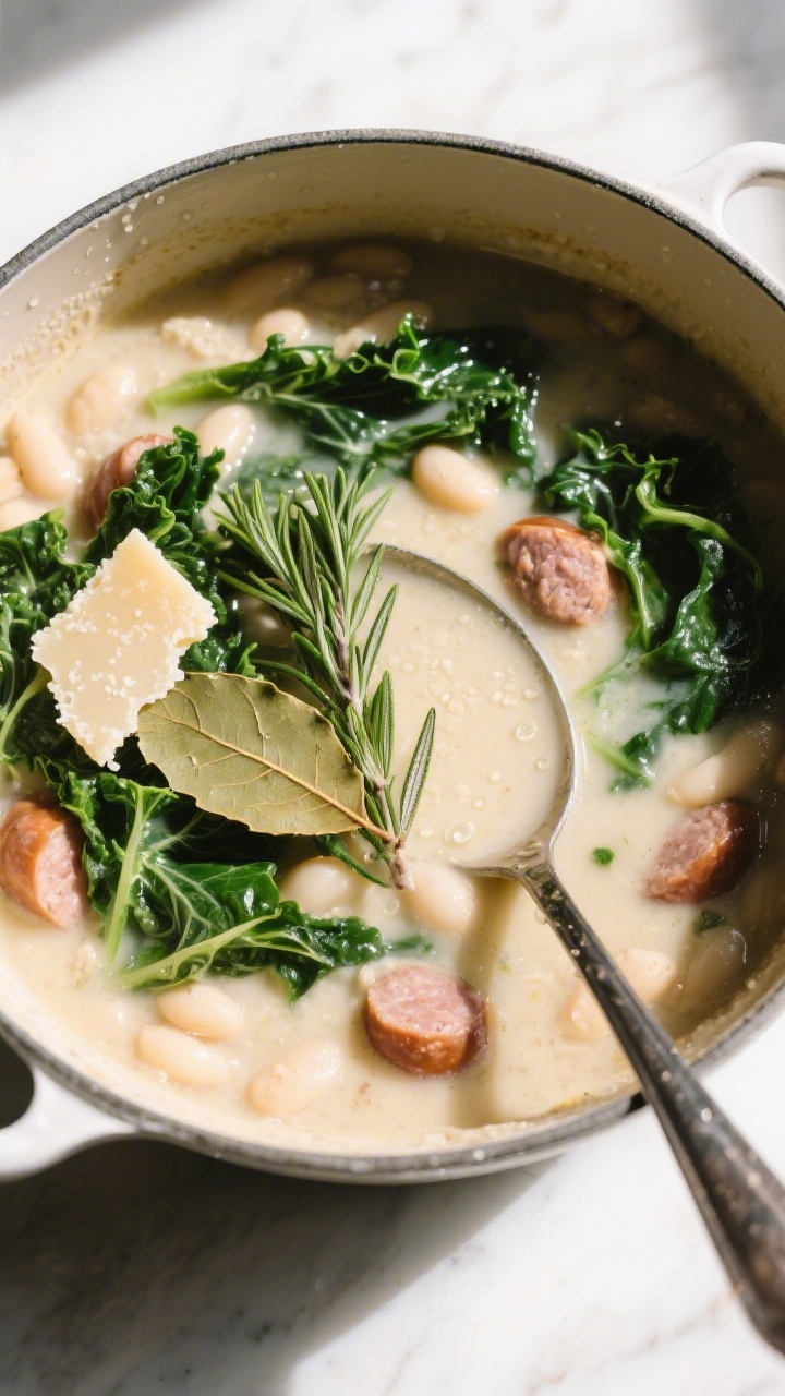 Tasty top view: Overhead shot of Tuscan white bean and sausage soup at a gentle simmer—creamy brot