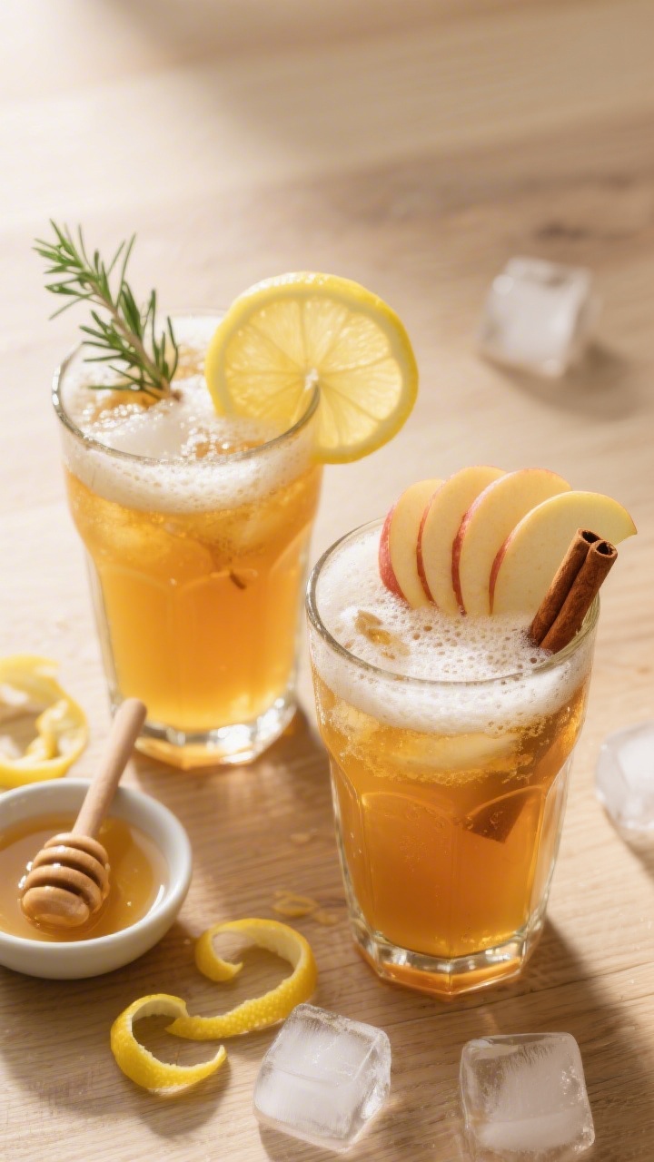 Tasty top view: Overhead shot of two finished Honey Bourbon Cider Fizz cocktails in chilled highball