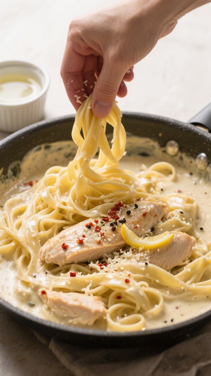 Tasty top view — Tossing pasta in the creamy sauce: Overhead shot of fettuccine being folded throu