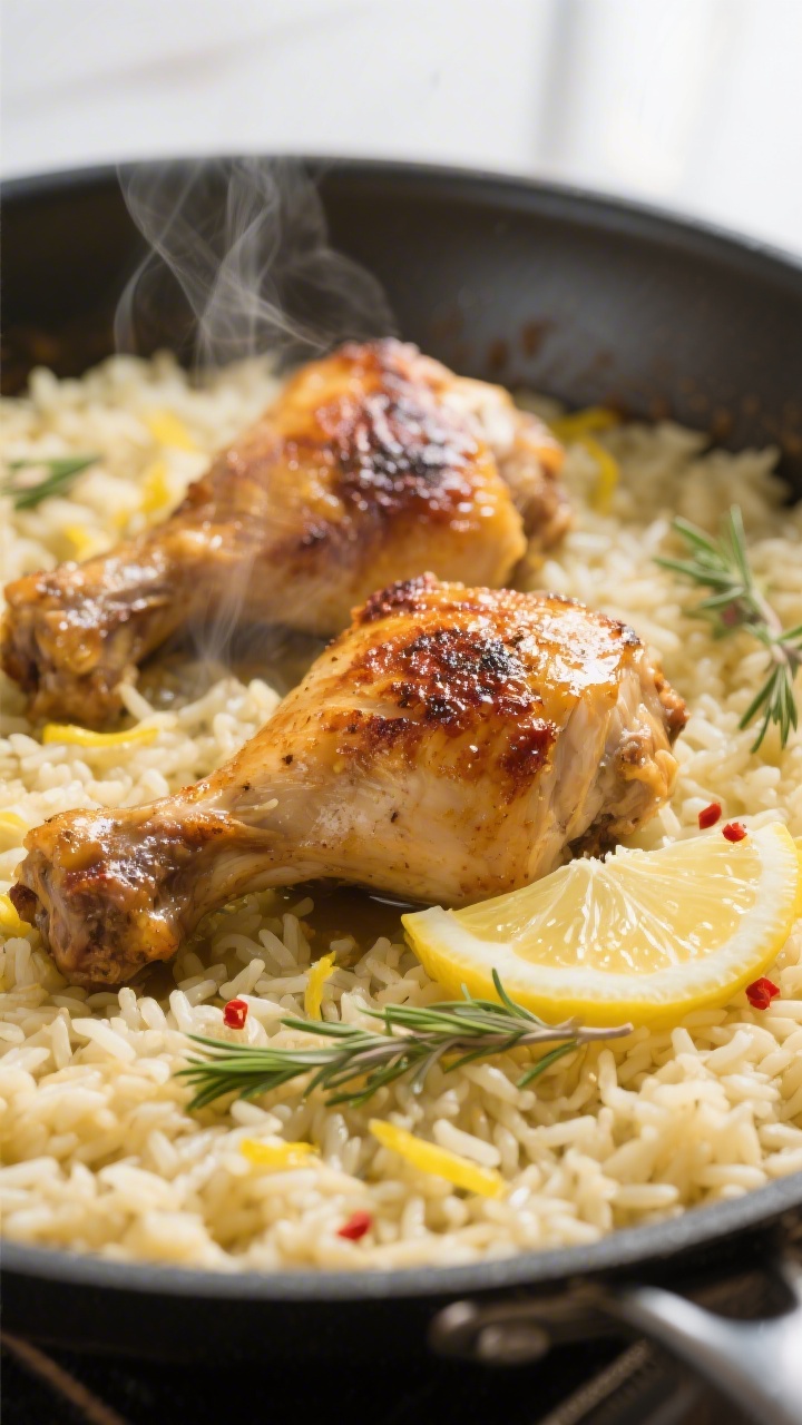 Close-up detail: Deeply browned, crispy-skinned chicken thighs nestled in simmering lemony rice in a