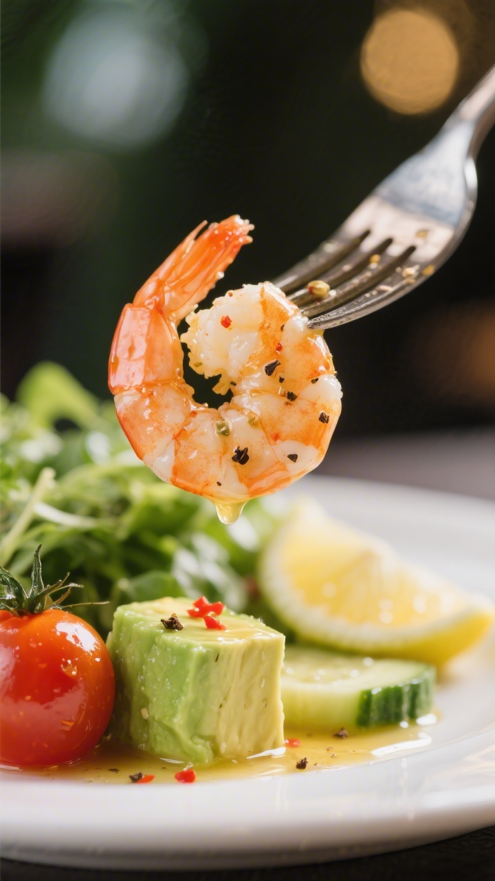 Close-up detail – dressing and texture: Tight macro of a forkful lifted just above the plate featu