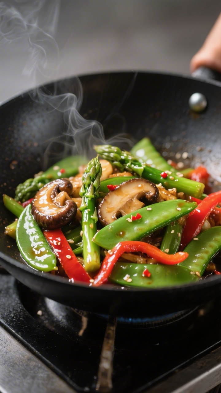 Close-up detail: Glossy spring vegetable stir fry sizzling in a black carbon-steel wok, showing snap