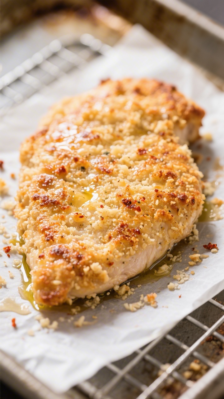 Close-up detail: Golden-brown baked Parmesan chicken cutlet just out of the oven, crust glistening w