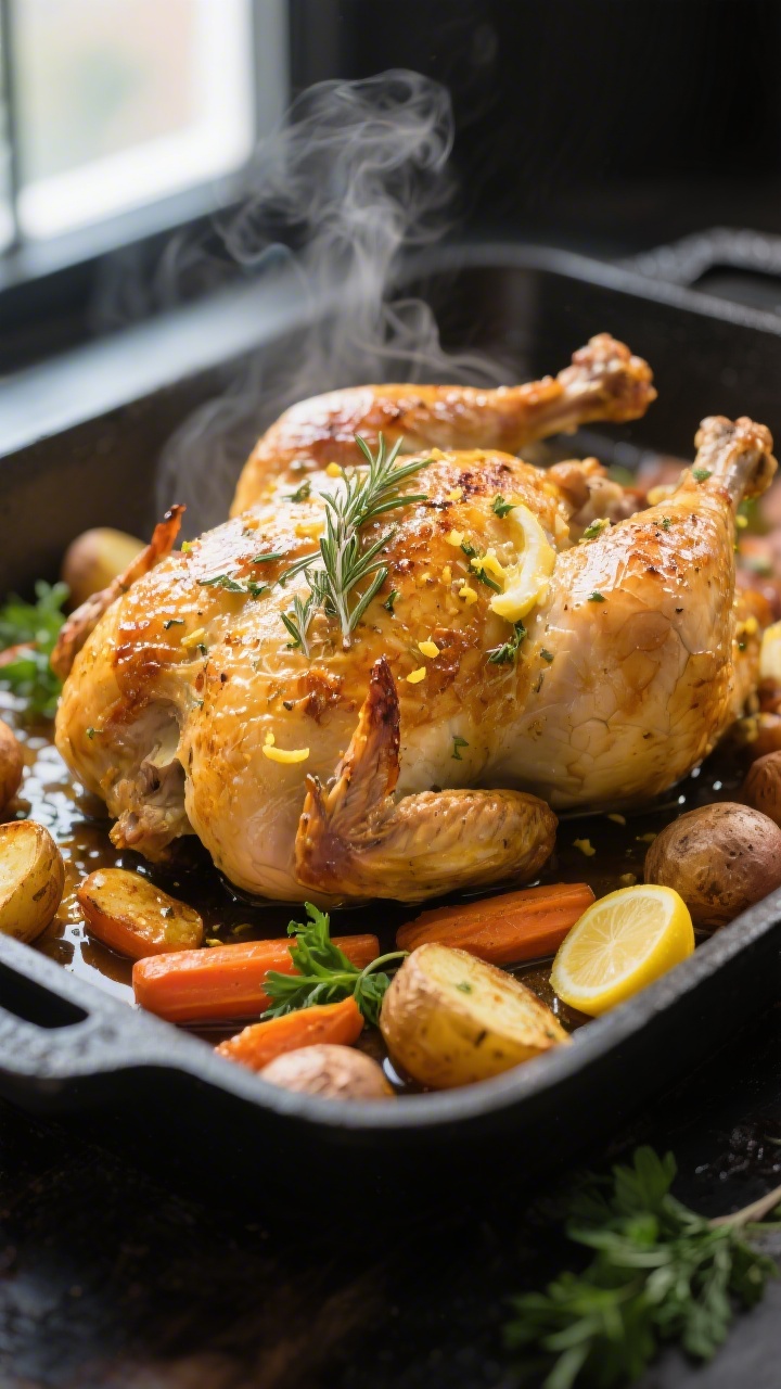 Close-up detail: Golden, crackly-skinned lemon herb roasted chicken just out of the oven, glistening