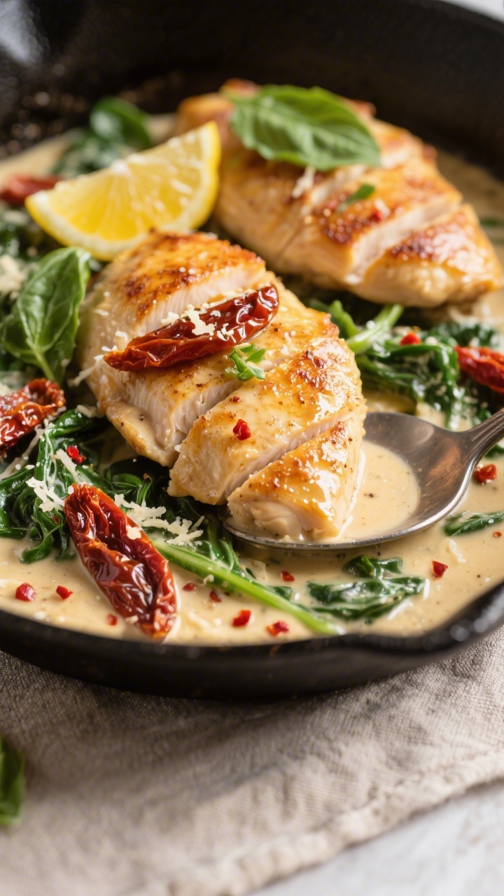 Close-up detail: Golden seared chicken breasts nestled in a creamy Parmesan-garlic sauce with ribbon