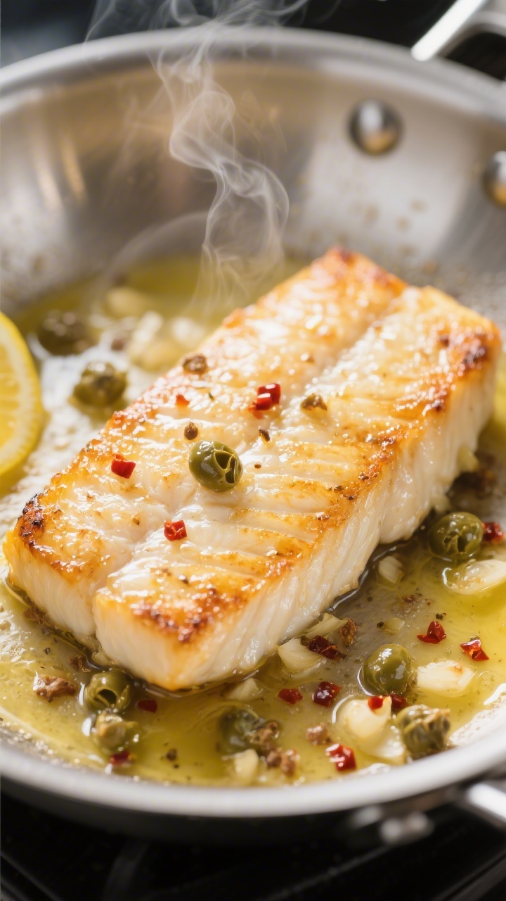 Close-up detail: Golden-seared cod fillet in a skillet just after flipping, edges opaque and center 