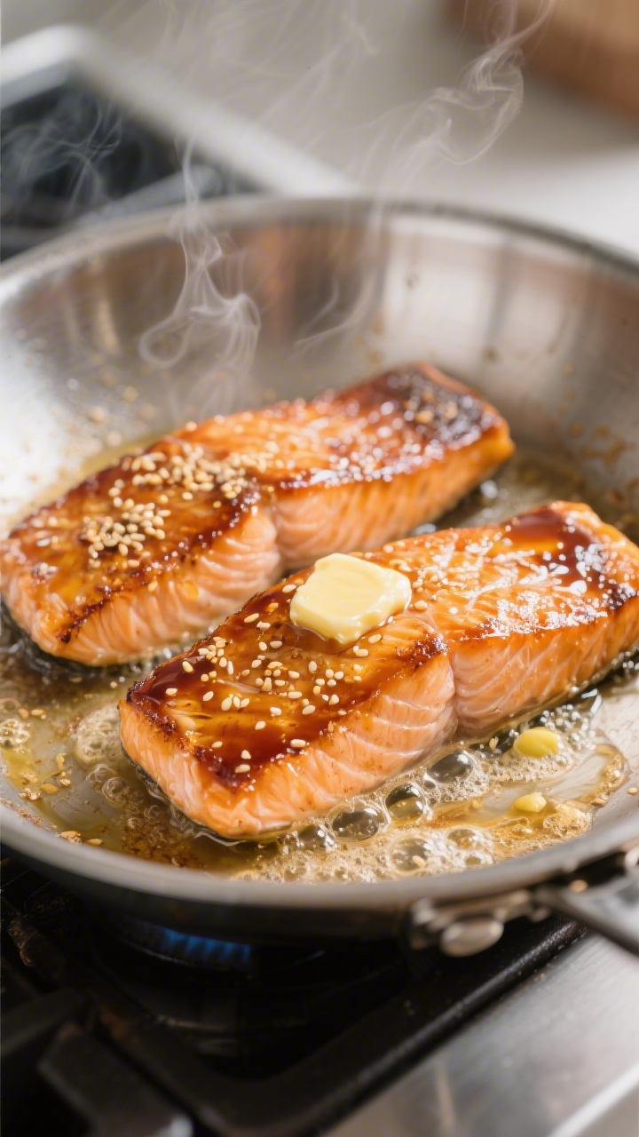 Close-up detail: Honey glazed salmon mid-cook in a stainless steel skillet, skin-side down fillets j
