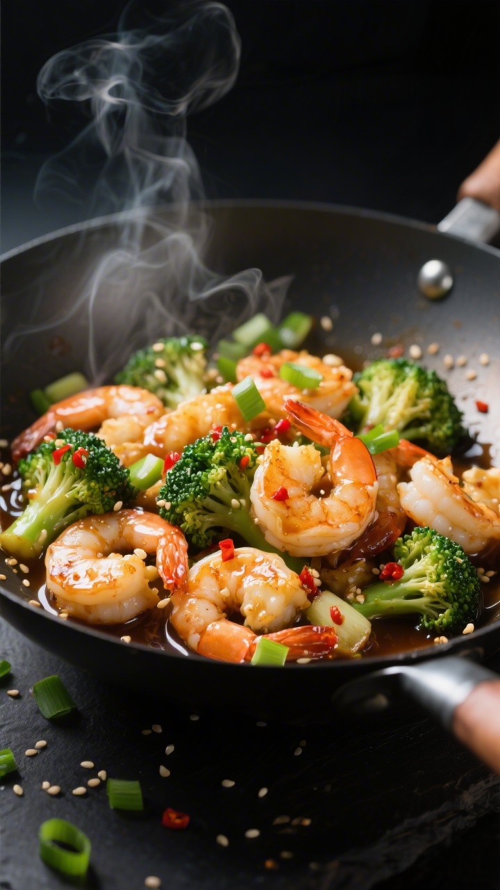 Close-up detail: Juicy, just-cooked shrimp tossed with glossy soy-garlic-ginger sauce and crisp-tend