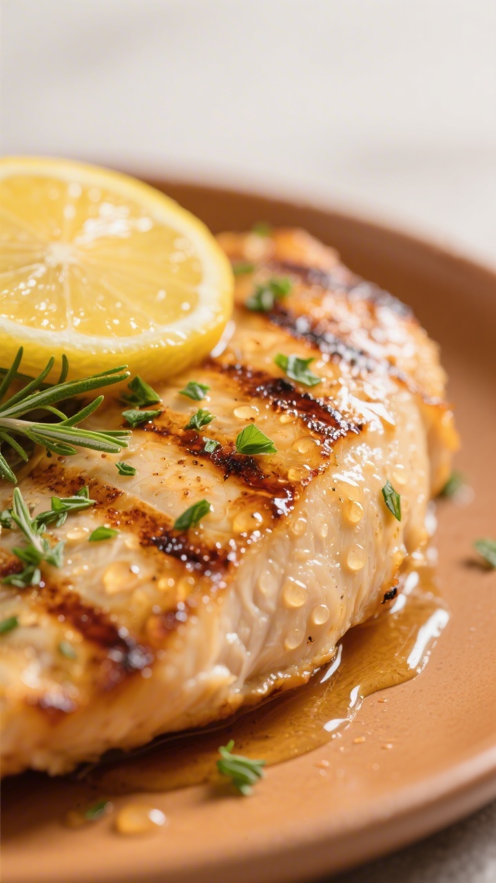 Close-up detail: Juicy lemon herb grilled chicken breast resting on a warm plate, tight macro of gol