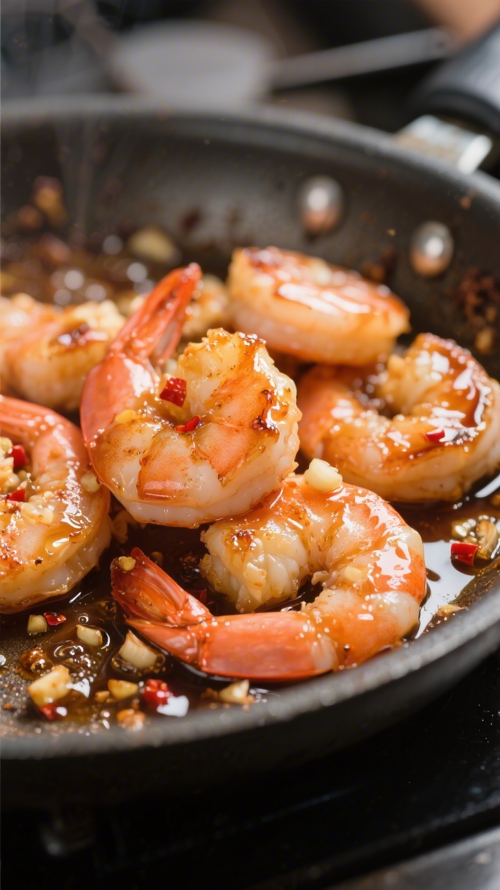 Close-up detail of honey garlic shrimp mid-cook in a skillet: seared pink-orange shrimp with lightly