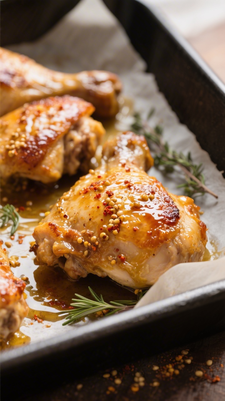 Close-up detail of honey mustard baked chicken thighs just out of the oven, skin blistered and gloss