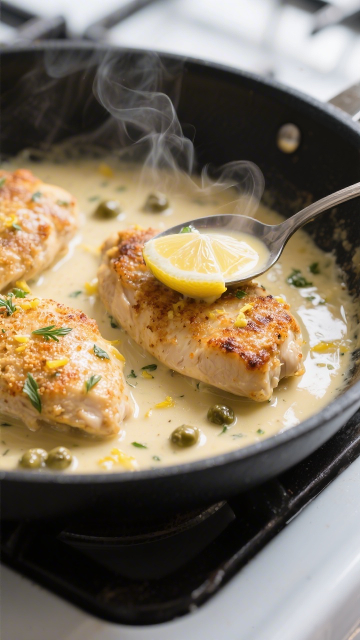 Close-up detail of seared creamy lemon chicken just after returning to the pan: golden, crusted chic