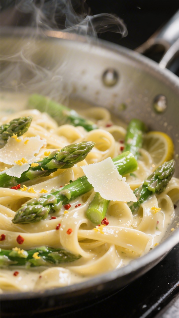 Close-up detail: Silky asparagus cream sauce clinging to glossy fettuccine as it’s tossed in a ski