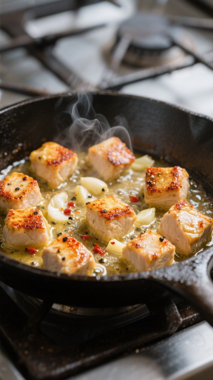 Close-up detail: Sizzling garlic butter chicken bites mid-cook in a cast-iron skillet, golden sear o