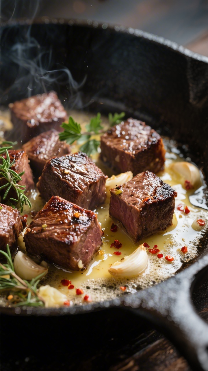 Close-up detail: Sizzling garlic butter steak bites searing in a cast-iron skillet, deep brown crust