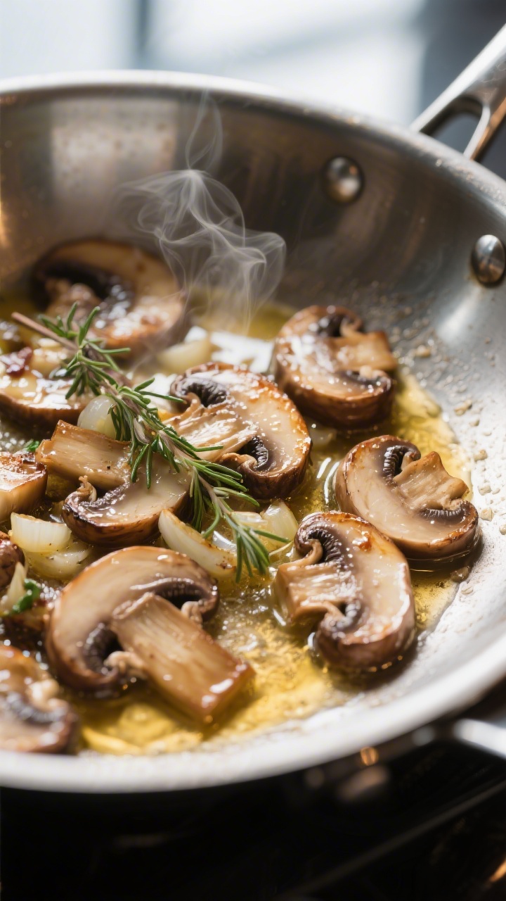 Close-up detail: Sliced cremini mushrooms browning in butter in a stainless-steel skillet, edges car