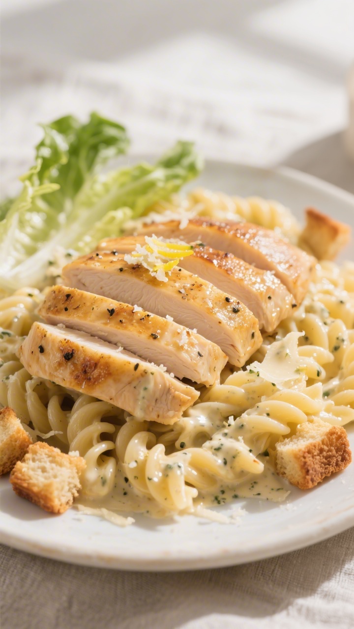 Close-up detail: Sliced, golden-seared chicken breast fanned over al dente rotini coated in creamy C