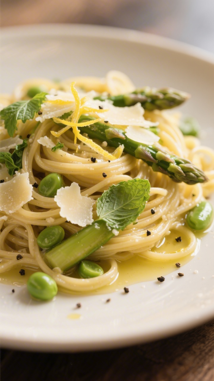 Close-up detail: Tangle of linguine coated in a glossy, starchy lemon-olive oil emulsion, dotted wit