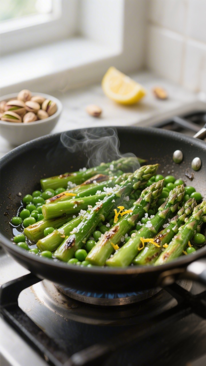 Cooking process – Blanch and sauté stage: Close-up of bright green asparagus pieces and peas just