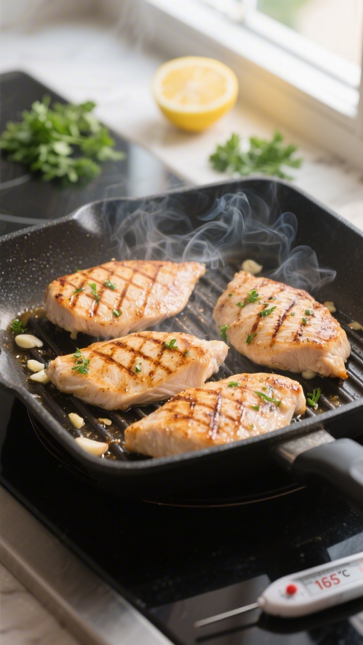 Cooking process: Chicken cutlets sizzling on a hot grill pan indoors, medium close shot angled from 