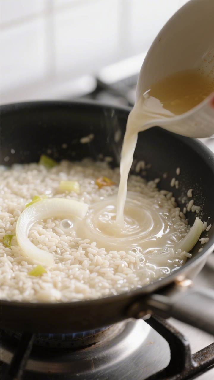 Cooking process, close-up detail: Arborio rice turning creamy in a wide sauté pan as warm broth is 