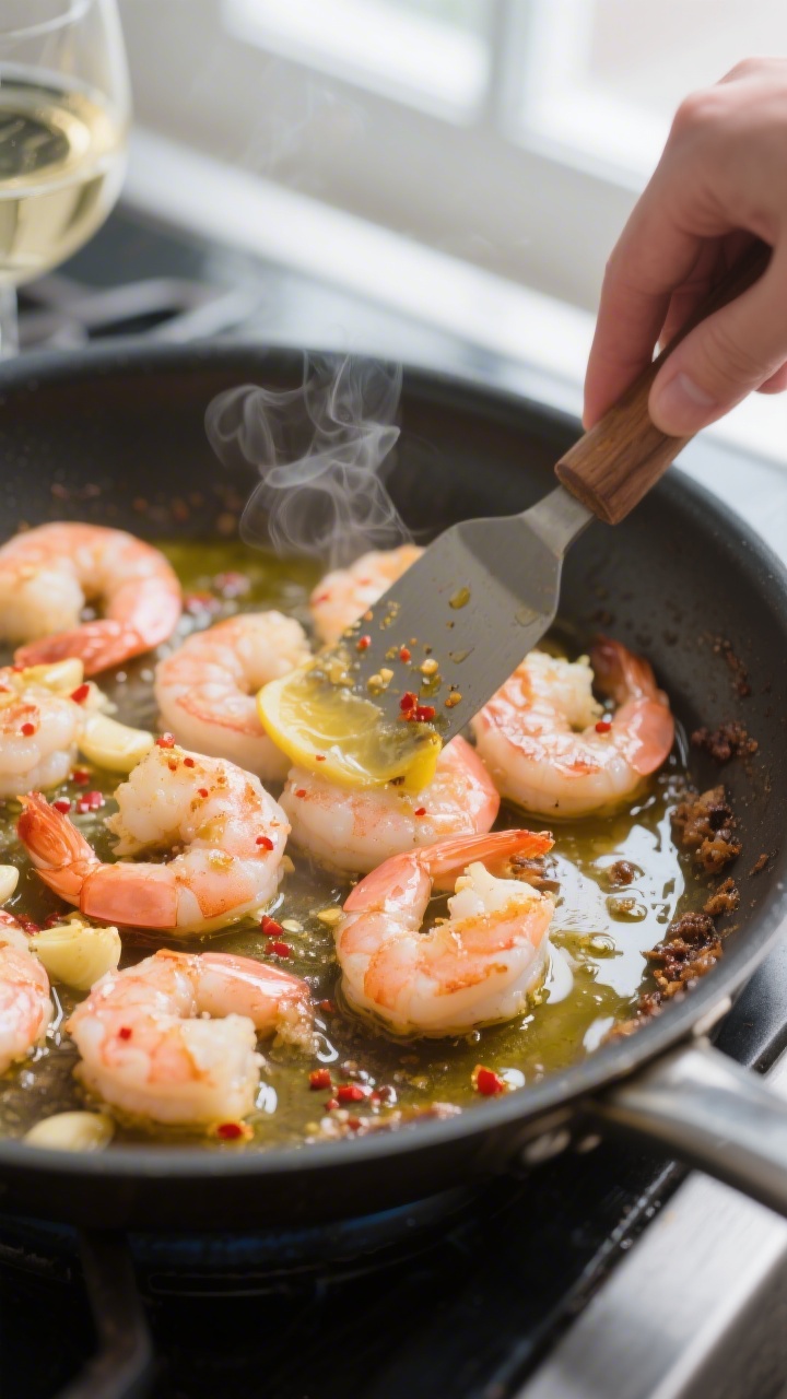 Cooking process, close-up detail: Searing shrimp in a stainless skillet, opaque pink and lightly car