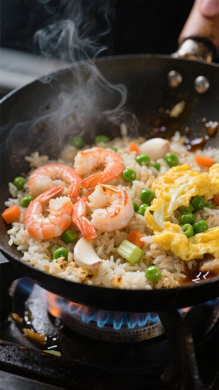 Cooking process, close-up detail: Shrimp fried rice mid-cook in a carbon-steel wok over high heat, c