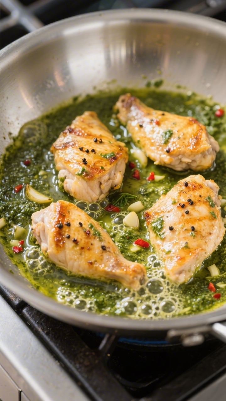 Cooking process close-up: Golden, juicy chicken pieces searing in a large stainless-steel skillet wi