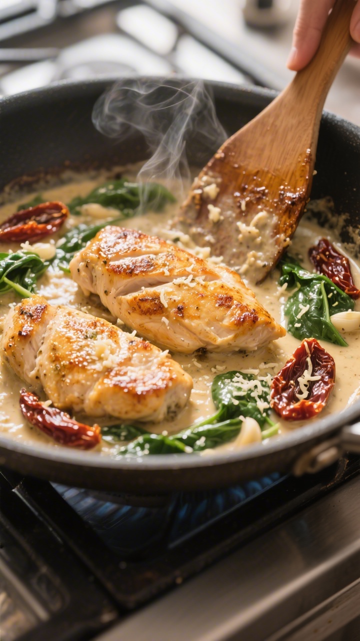 Cooking process close-up: Golden-seared chicken cutlets nestled in a skillet as a creamy garlic-parm