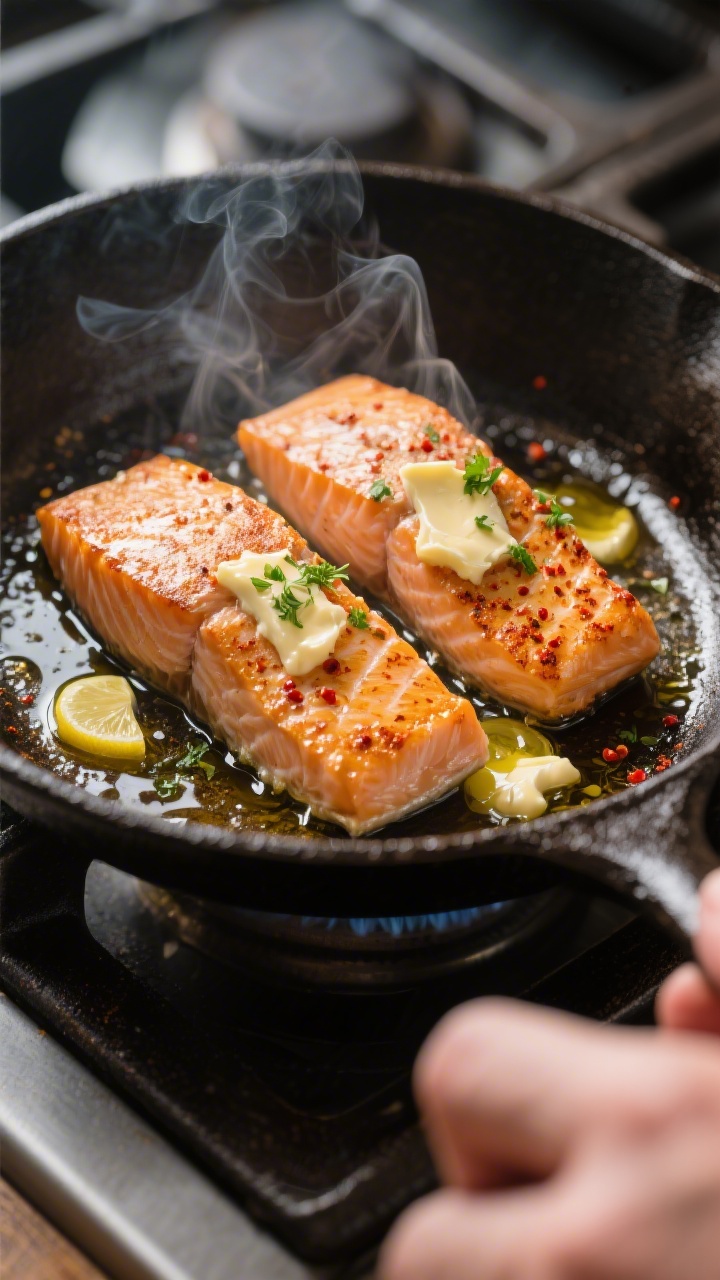Cooking process close-up: Salmon fillets searing presentation-side down in a hot cast-iron skillet, 