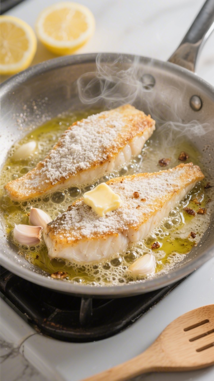 Cooking process close-up: Tilapia fillets sizzling in a stainless-steel skillet, golden delicate flo