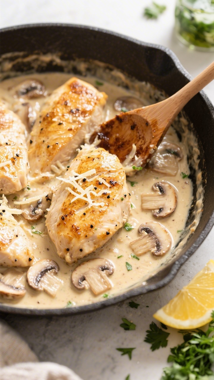Cooking process: Golden-seared chicken breasts being nestled back into a silky mushroom cream sauce 