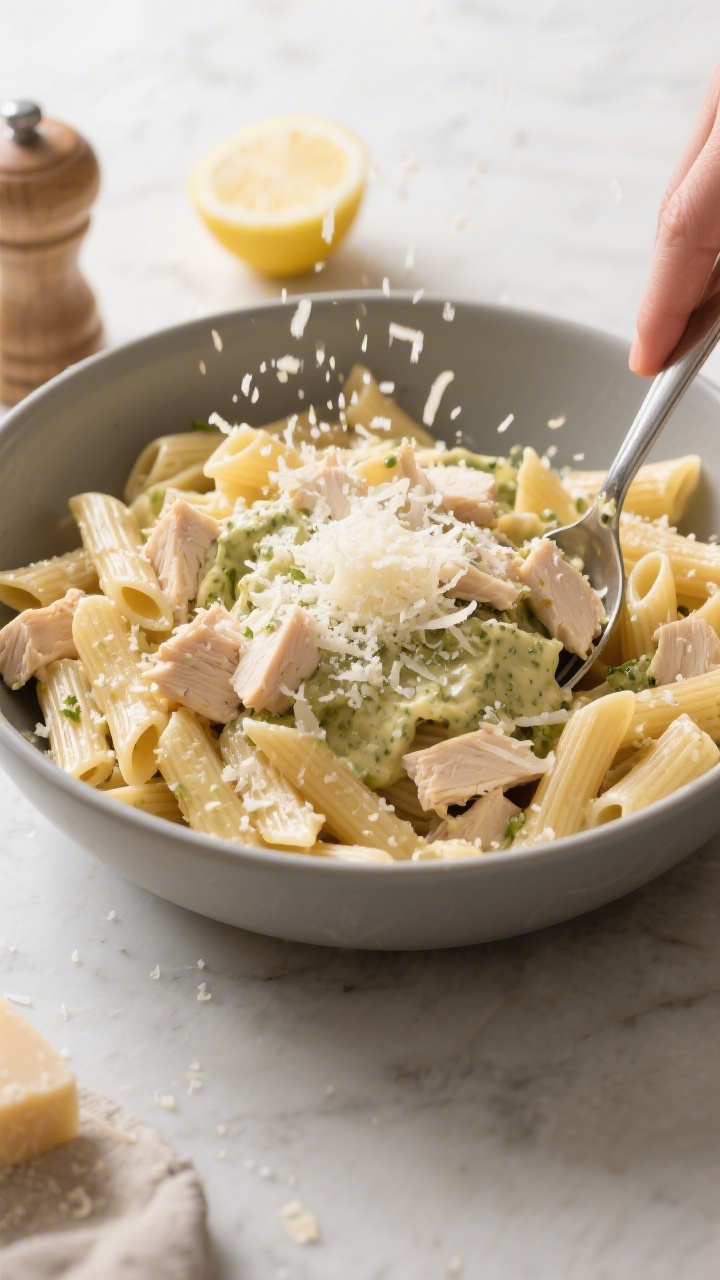 Cooking process: Overhead shot of the mixing stage in a large matte bowl—cooled pasta and diced ch
