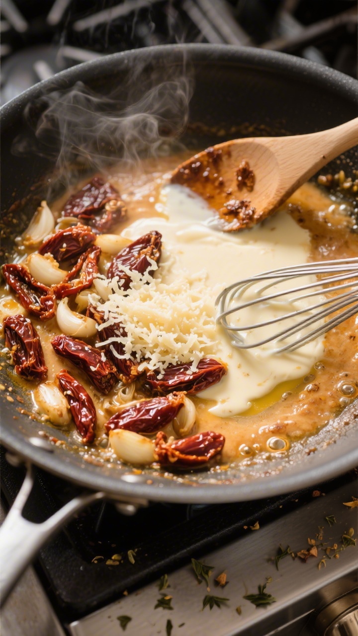 Cooking process: Overhead shot of the sauce-building stage in a large skillet—sun-dried tomatoes a
