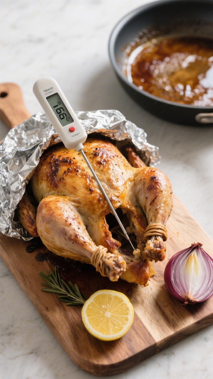 Cooking process: Overhead shot of the whole chicken resting on a wooden carving board after roasting