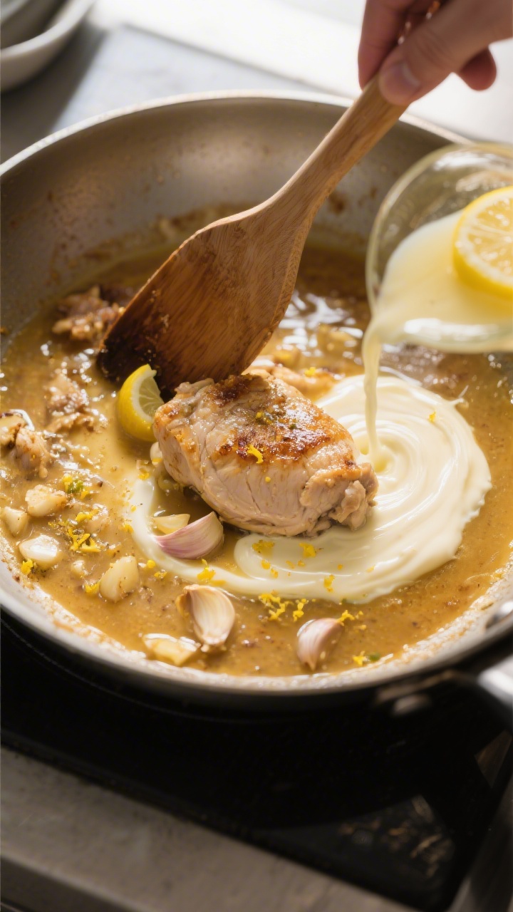 Cooking process shot: Deglazing and building the sauce in the skillet after searing—golden fond be