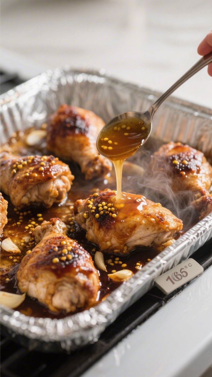 Cooking process shot: overhead of chicken thighs mid-bake at the basting step, spoonful of reserved 