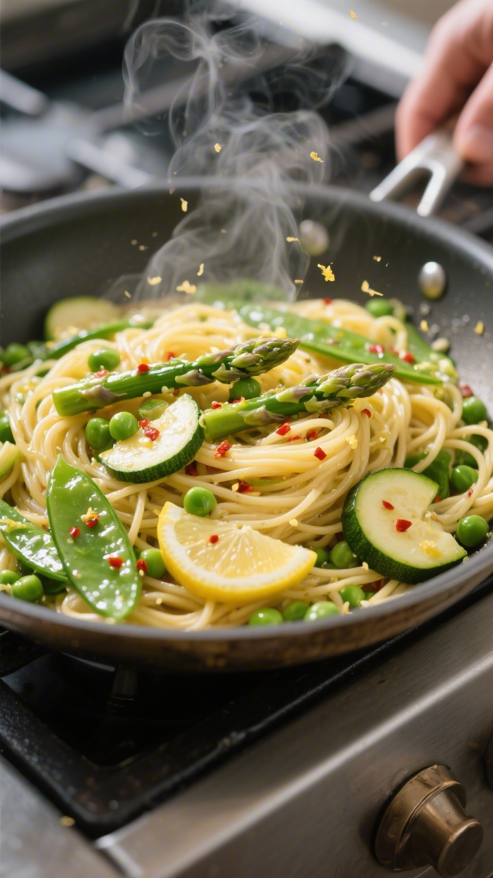 Cooking process shot: Spring Vegetable Pasta in a wide stainless skillet, spaghetti being tossed wit
