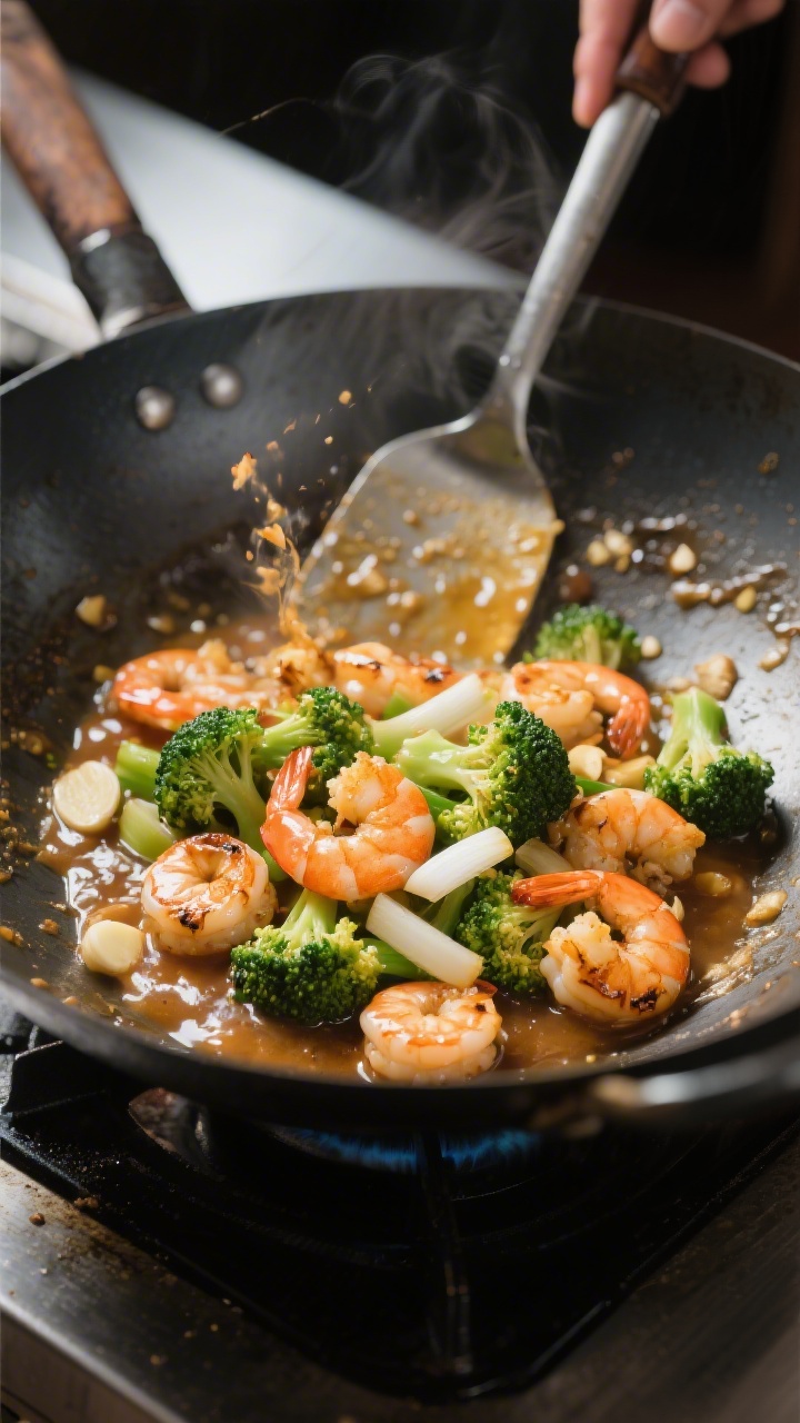 Cooking process: Shrimp and Broccoli Stir Fry mid-simmer as the cornstarch-thickened sauce tightens 
