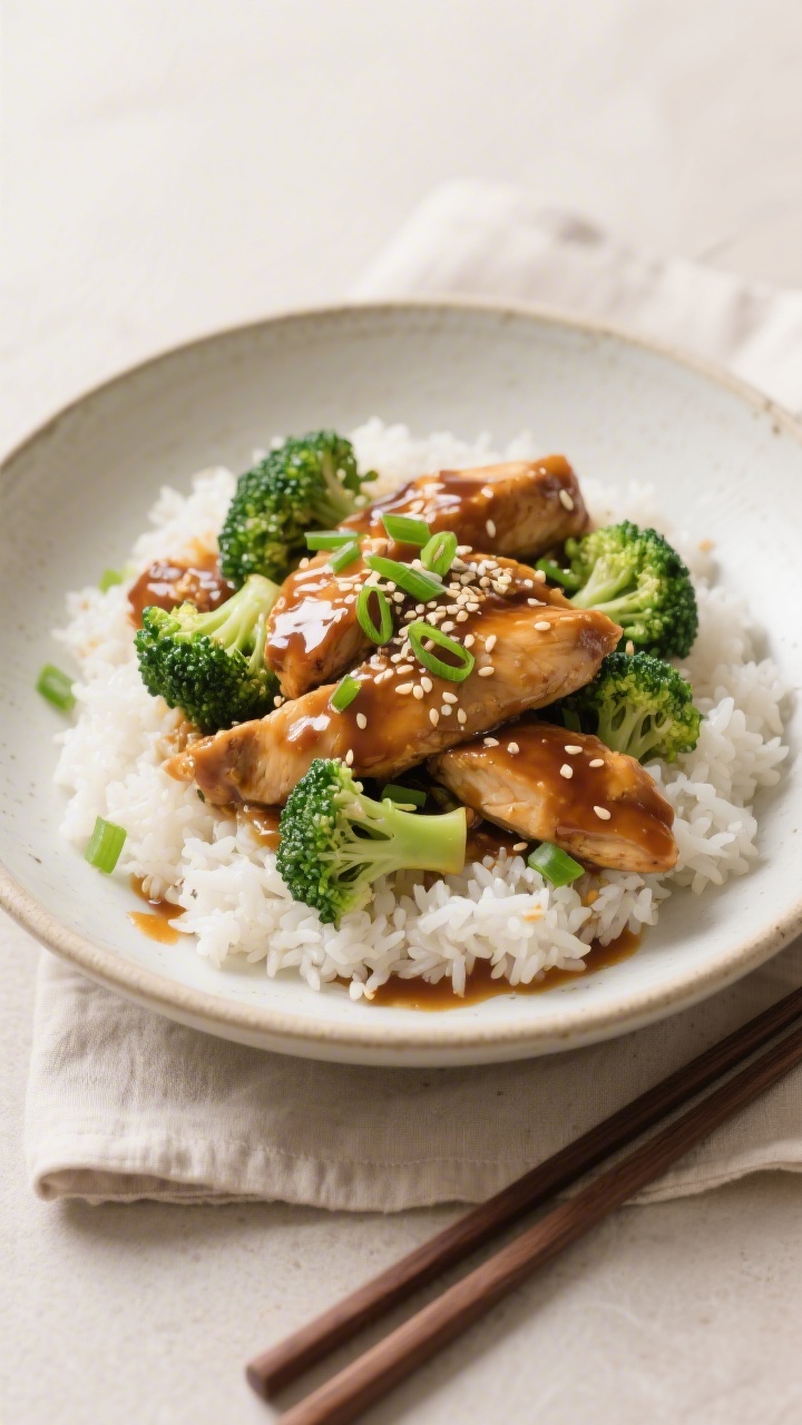 Final dish, plated restaurant-quality: Beautifully plated Chicken and Broccoli Stir Fry over fluffy 