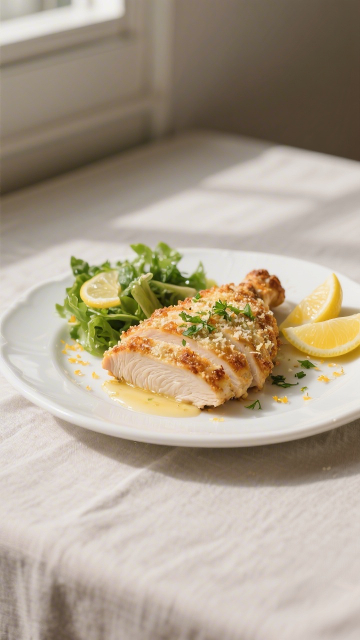 Final dish presentation: Beautifully plated Baked Parmesan Chicken on a white ceramic plate, sliced 