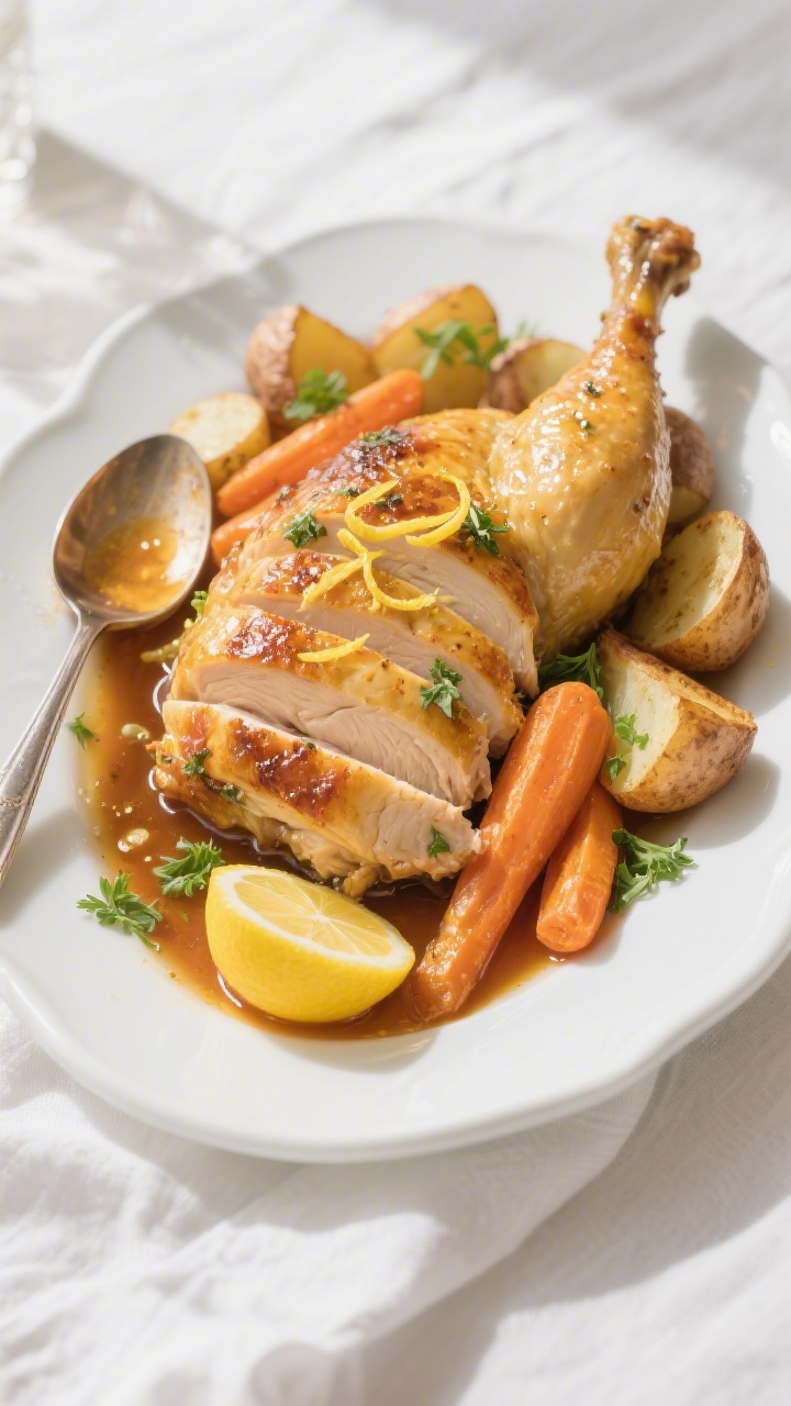 Final dish presentation: Beautifully plated carved lemon herb roasted chicken—juicy sliced breast 