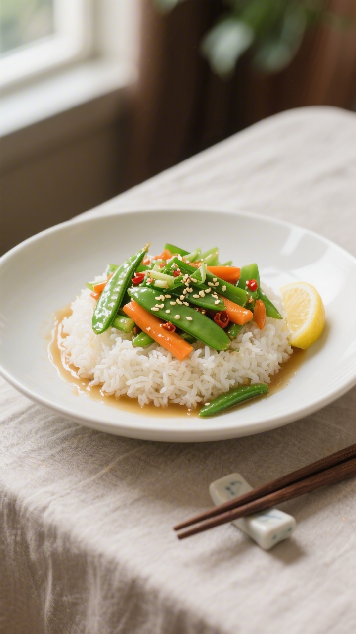 Final dish presentation: Beautifully plated Spring Vegetable Stir Fry over a fluffy mound of steamed
