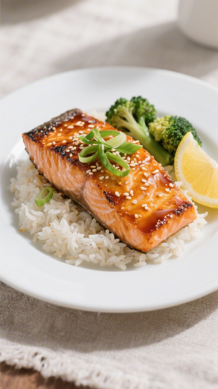 Final dish presentation: Restaurant-quality plate of honey glazed salmon, fillet glistening with a l