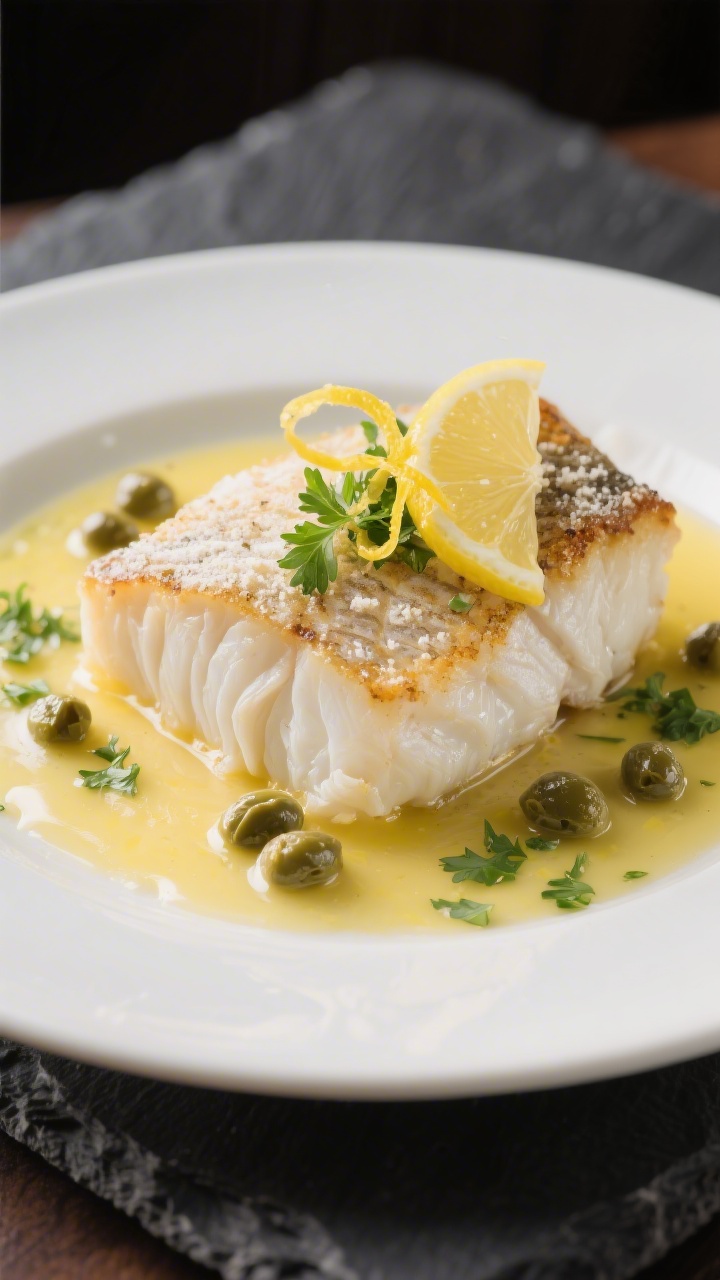 Final dish presentation: Restaurant-quality plate of Lemon Butter Cod, tight three-quarter angle, em