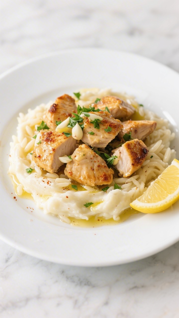 Final dish presentation: Restaurant-quality plate of Garlic Butter Chicken Bites served over creamy 