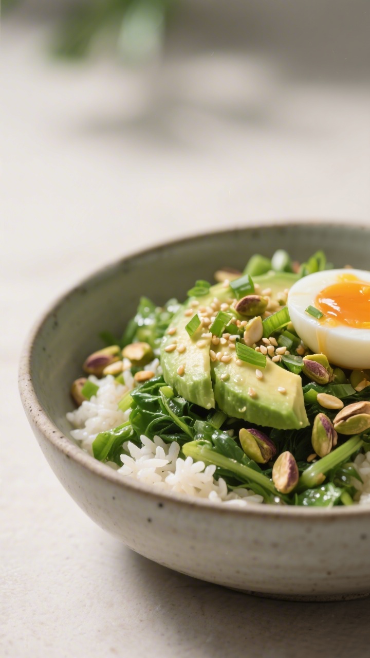 Final dish – Restaurant-quality plated bowl: Hero close-up of the finished Spring Veggie Rice Bowl