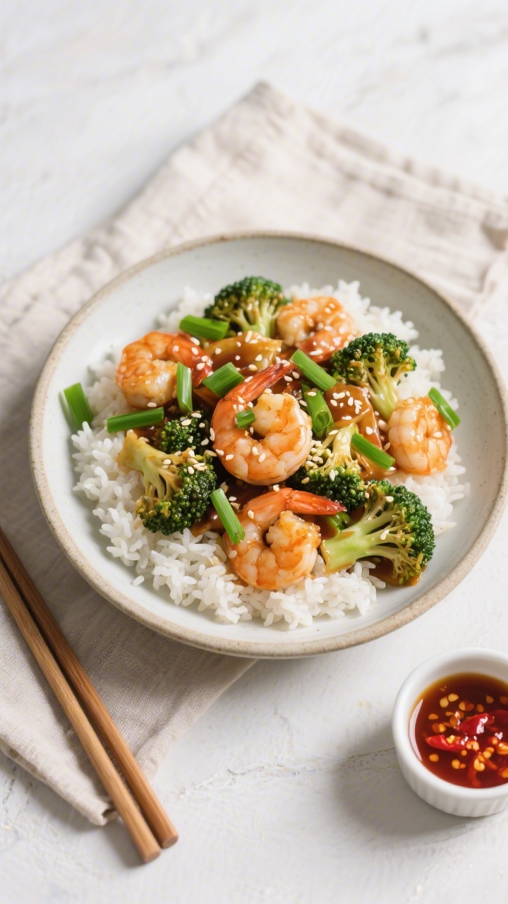 Final dish, tasty top view: Overhead shot of Shrimp and Broccoli Stir Fry served over fluffy white r